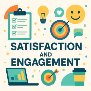 اینفوگرافیک انتزاعی با آیکون‌های نمودار، چک‌لیست، هدف و لبخند برای نمایش ارزیابی رضایت و اشتیاق شغلی کارکنان