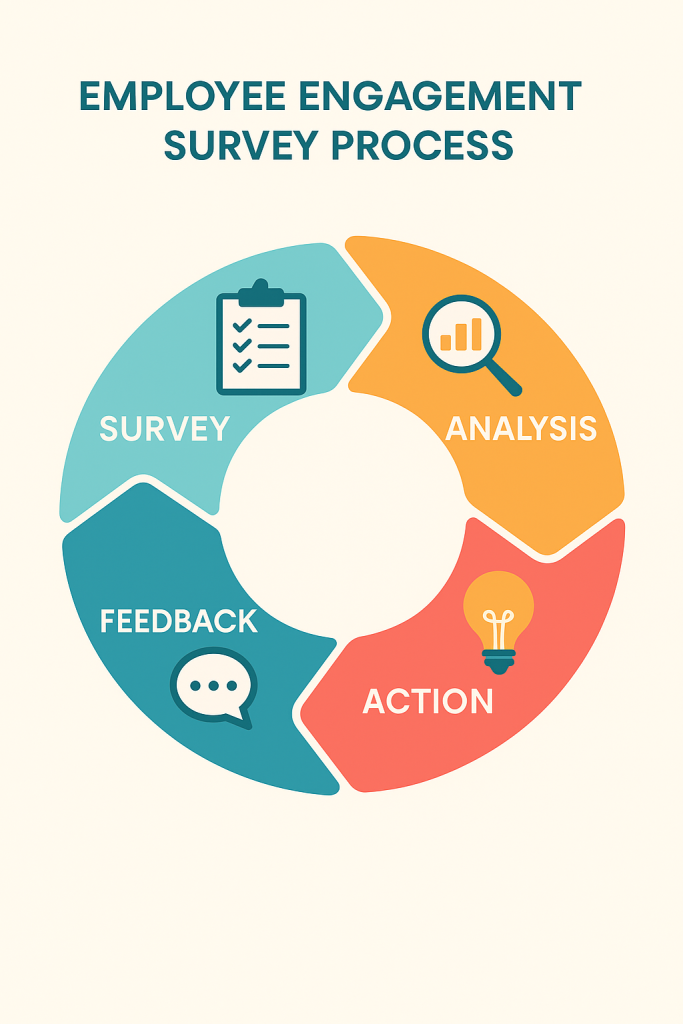 چرخه تحلیل نتایج ارزیابی رضایت و اشتیاق شغلی کارکنان شامل مراحل نظرسنجی، تحلیل، برنامه اقدام و بازخورد