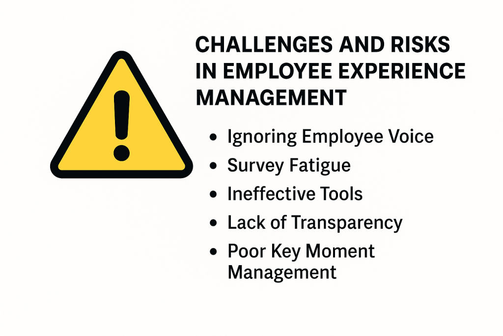 ۵ چالش اصلی مدیریت تجربه کارکنان شامل: بی‌توجهی به صدای کارکنان، خستگی ناشی از نظرسنجی، ابزارهای ناکارآمد، شفاف نبودن نتایج و مدیریت ضعیف لحظه‌های کلیدی